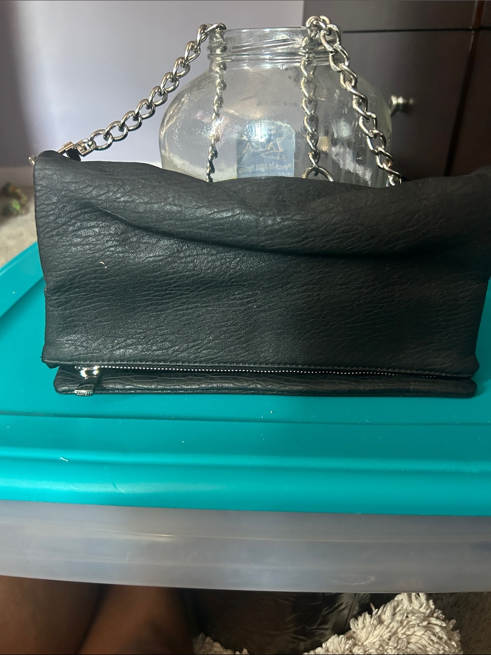 Express Black Leather Clutch with Silver Chain